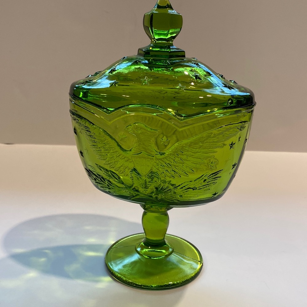 Vintage Eagle & Stars Pedestal Candy Dish Green Depression Glass Stash Jar